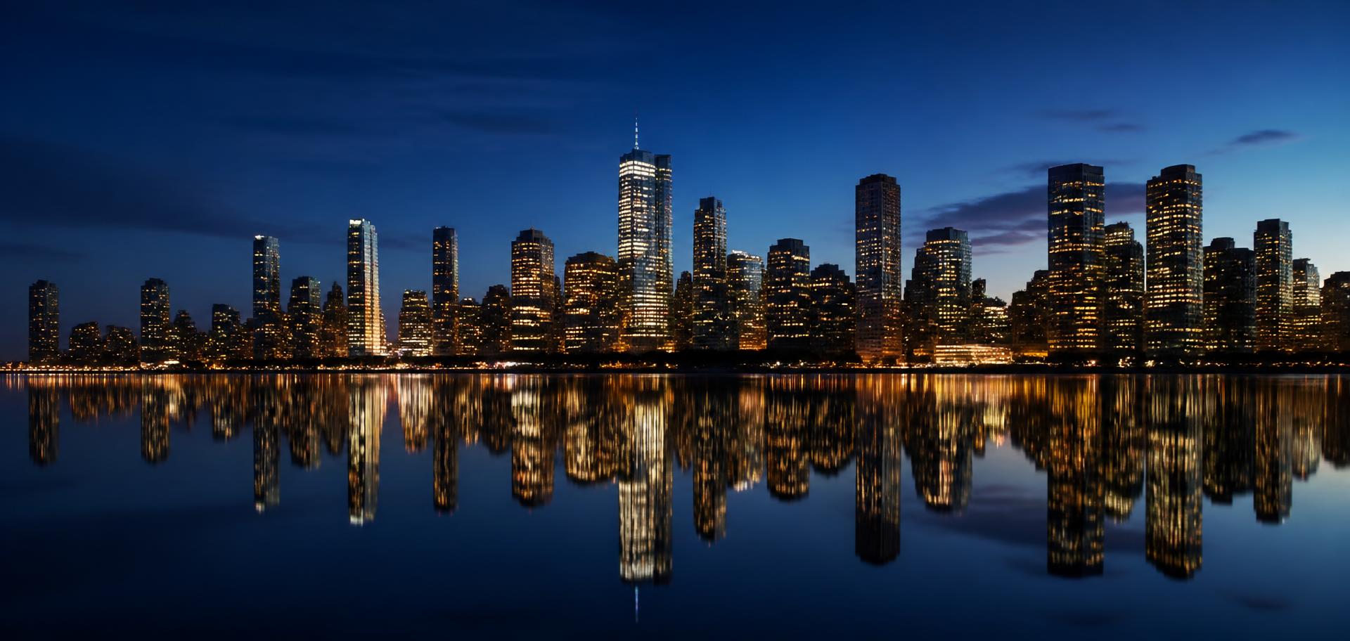 City skyline at dusk reflected in calm water