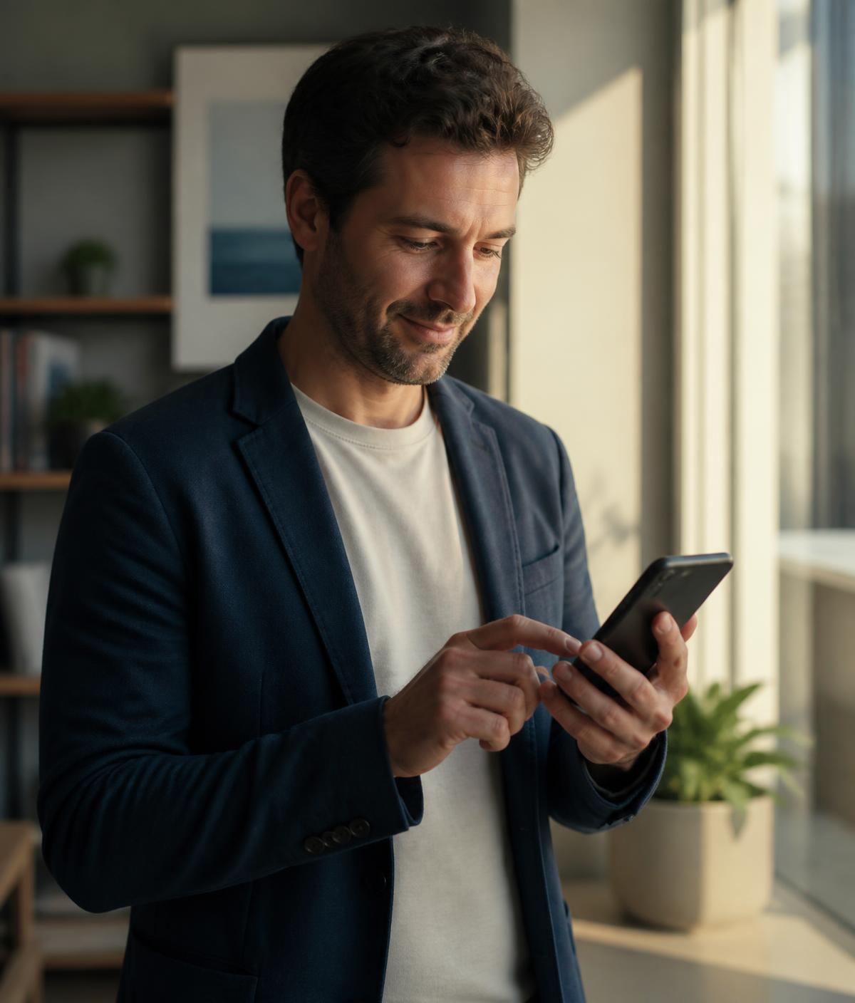 A customer checking their account on a phone beside a sunlit window