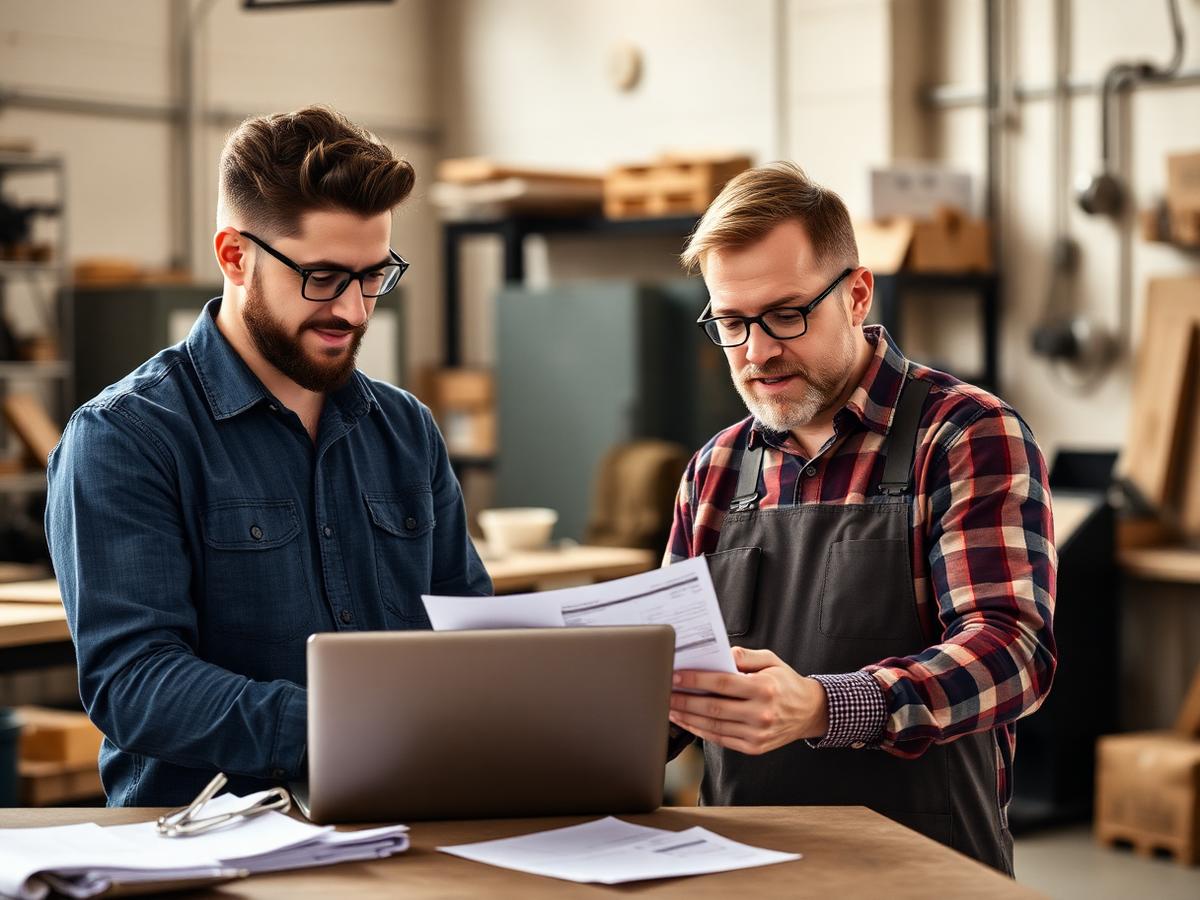 Two business owners reviewing invoices on a laptop in their workshop