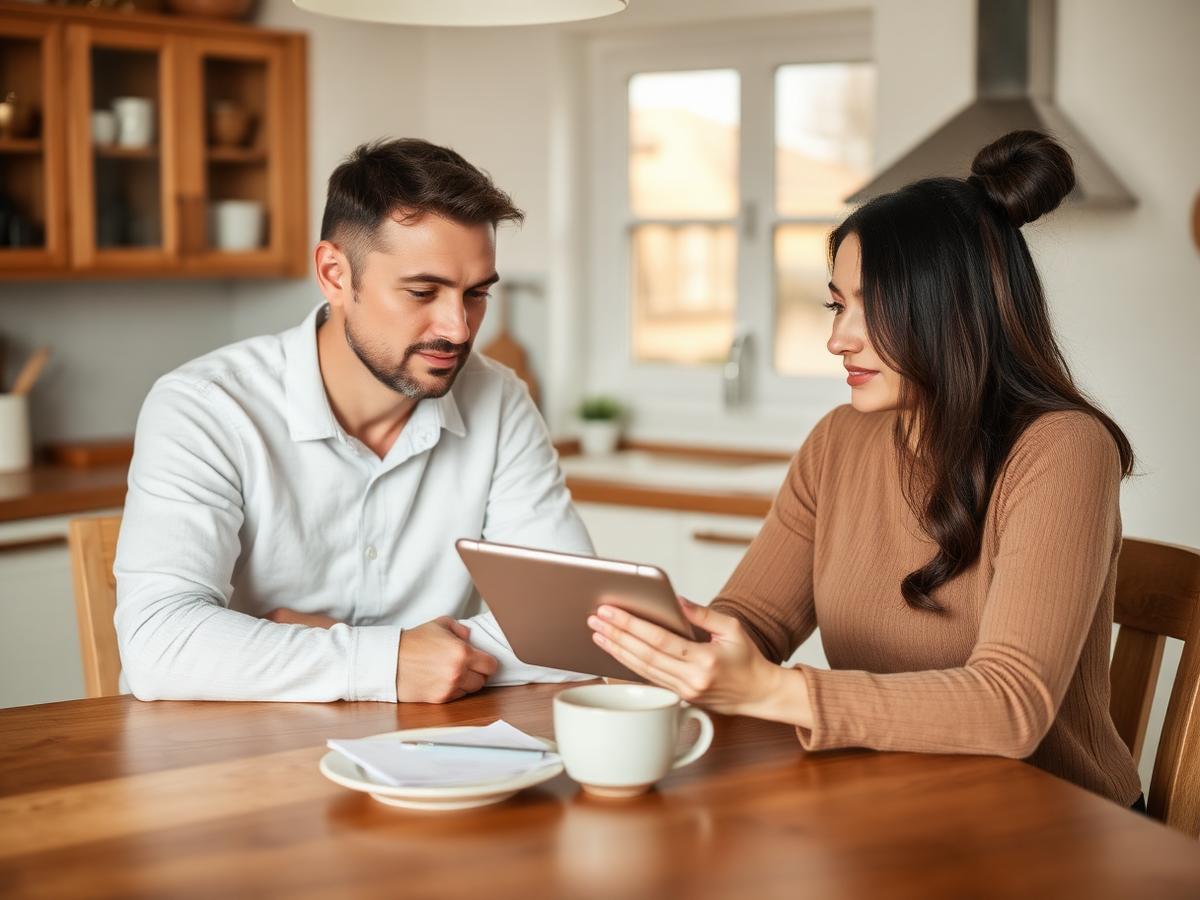 A couple reviewing their household finances on a tablet at a kitchen table