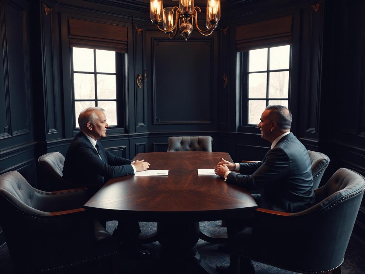 An adviser and client in conversation across a walnut table in a private meeting room